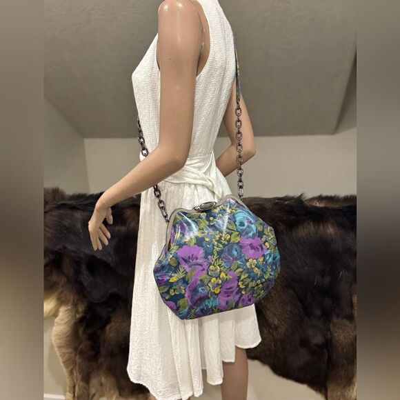 Original Design! Cowhide Leather Floral Print Handmade Metal Frame Slouchy Bag - Picture 5 of 16